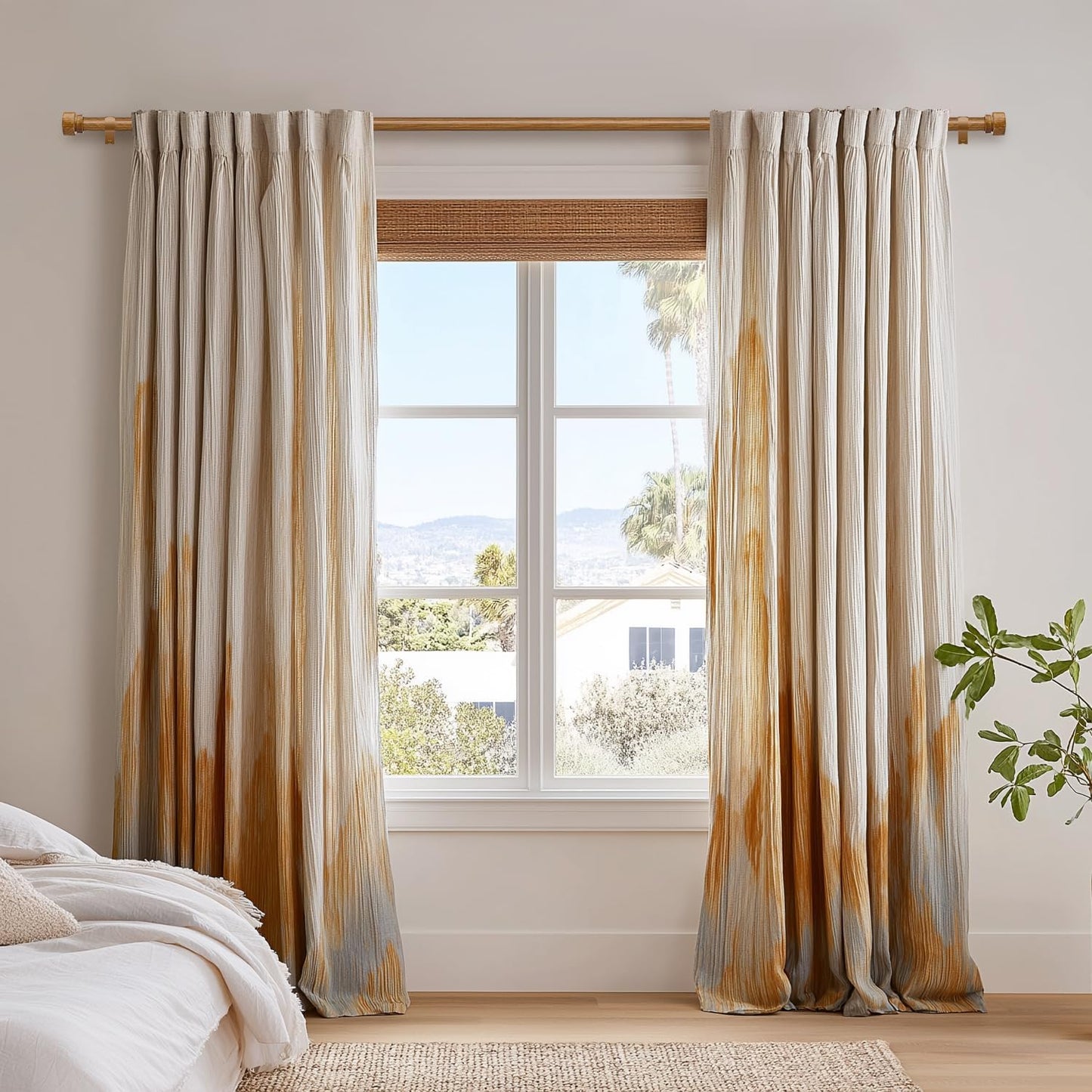 2 Pack Wood Curtain Rods for Windows 66 to 120 Inches 1" Diameter Boho Decorative Heavy Duty Window Curtain Rod Set Adjustable with Solid Imitation Wood Grain Finials for Living Room Bedroom Kitchen