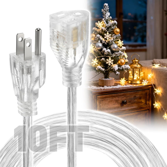 10ft Clear Extension Cord - Male to Female Invisible Indoor Thin 3 Prong Power Cable for Christmas Light Extension Cord, UL-Certified (2 x 18 AWG 250V 6A)
