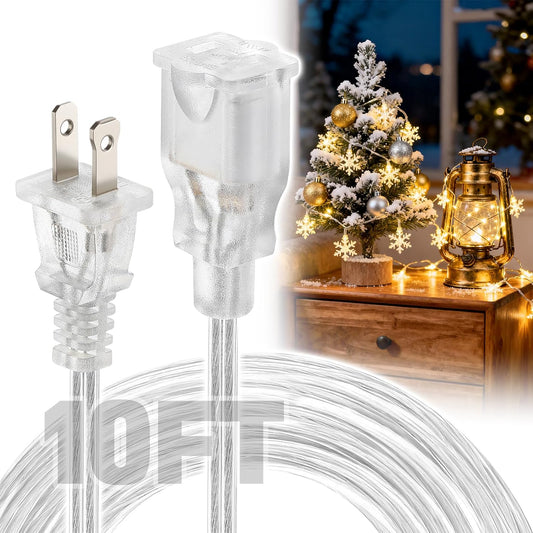 10ft Clear Extension Cord - Male to Female Invisible Indoor Thin 2 Prong Power Cable for Christmas Light Extension Cord, UL-Certified (2 x 18 AWG 250V 6A)