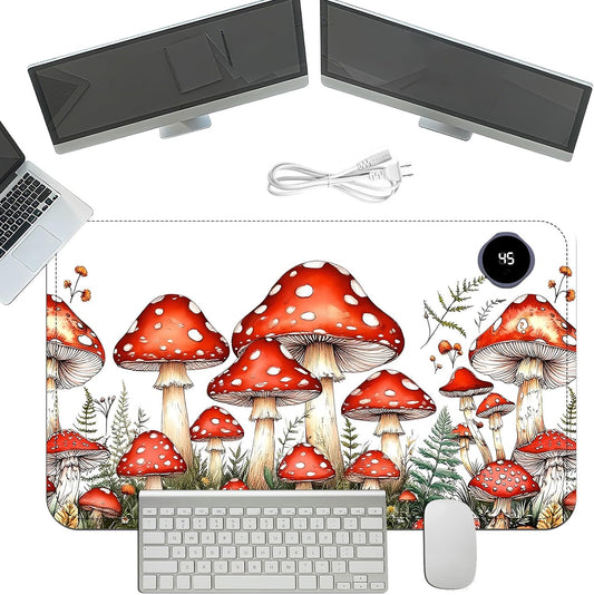 Heated Mouse Pad with 3 Temperature Settings(104°F–122°F),Large 24x14.2 Inch PU Leather Heated Desk Mat,Waterproof Warming Pad for Office,Gaming & Cold Hands Relief,Red Mushroom