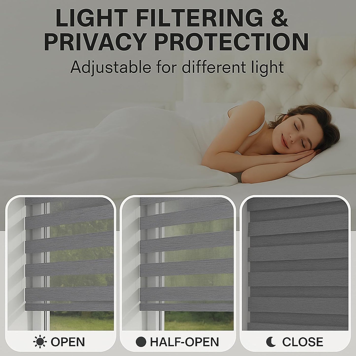 Shadesu Cordless Zebra Blinds for Windows, 40" W x 72" H, Grey, Dual Layer Free-Stop Zebra Shades, Light Control for Day and Night, Sheer Blinds for Indoor Windows, Bedroom, Kitchen