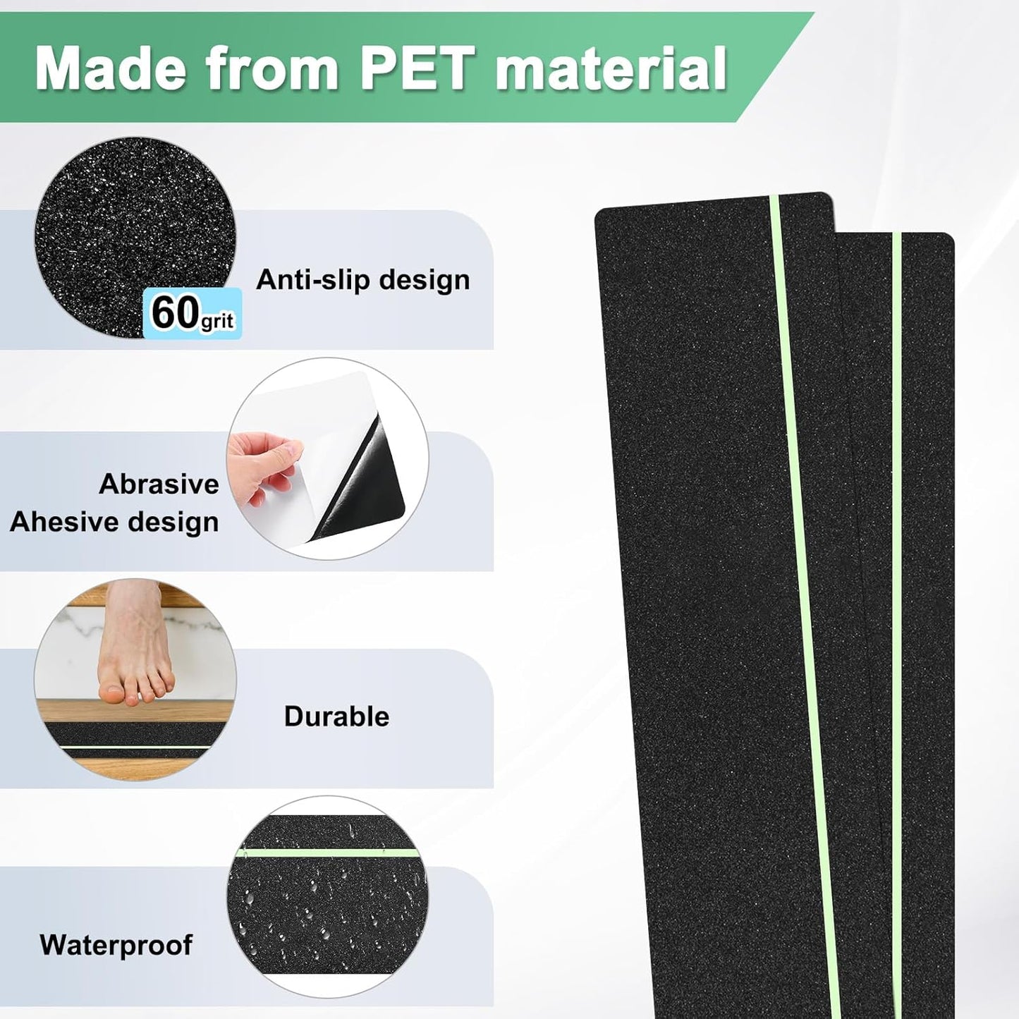 10-Pack Anti Slip Traction Tape 24" x 6" Best Grip Tape Grit with 6mm/0.24" Glow in Dark Stripe High Traction Friction Abrasive Adhesive for Indoor/Outdoor Stairs[Black+Green]