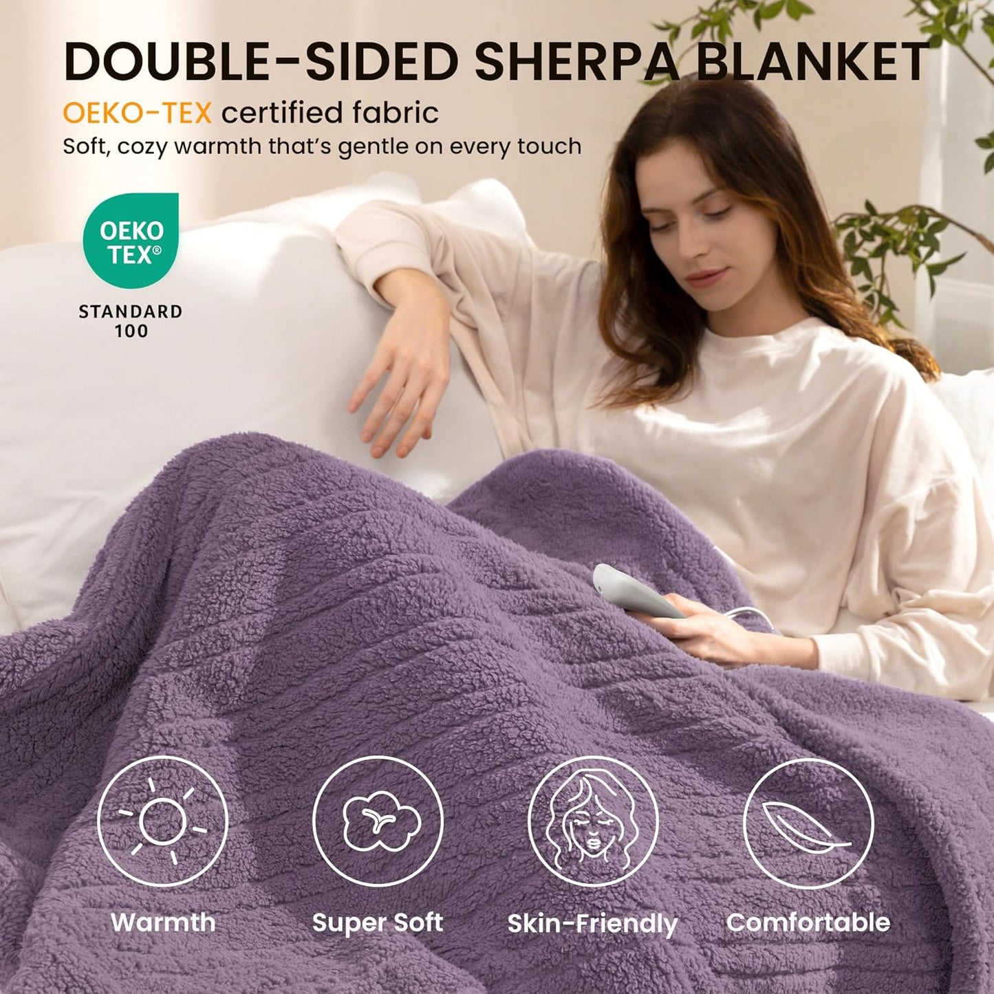 Heated Blanket Electric Blanket Throw - Fast Heating Blanket Throw Double Sided Sherpa Ultra Soft Cozy with 10 Heating Levels & 2-10 Hours Auto Off, Mashine Washable, 50 x 60 Inches, Purple