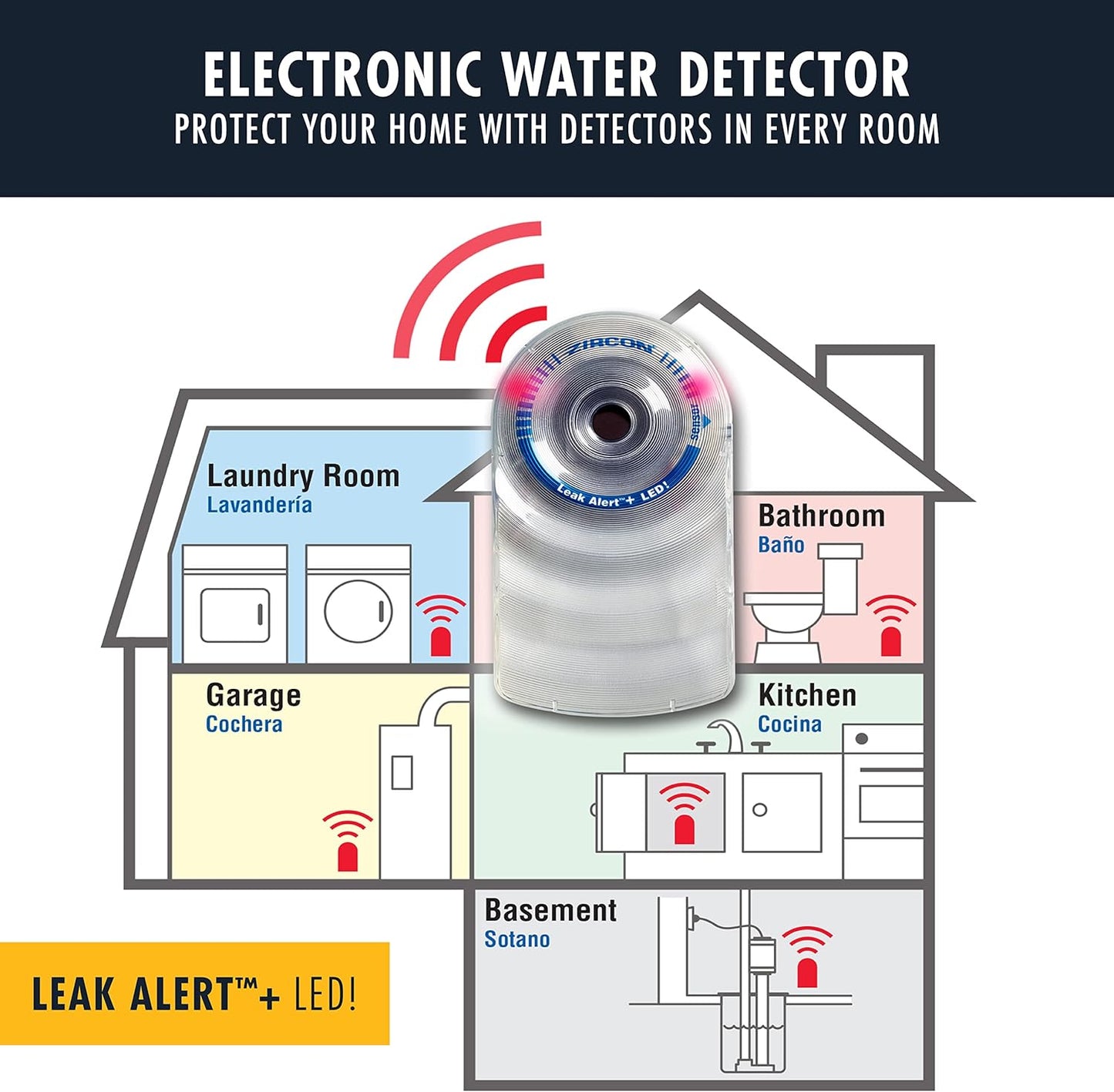 Zircon Leak Alert + LED! Water Leak Detector & Flood Sensor Alarm/Water Leak Sensor with Dual Leak Alarms 90Db Audio + Flashing LED Lights/Battery Powered (2 Pack) Batteries Not Included, (72314)