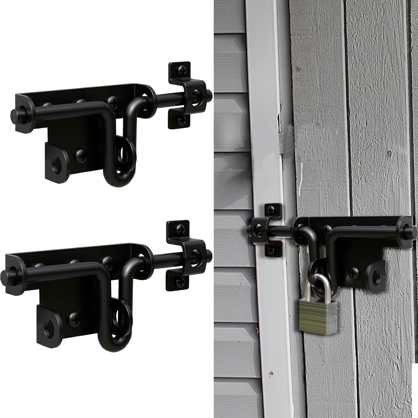 Heavy Duty Slide Bolt Gate Latch for Wooden Fence, 2 Way Barn Door Latch with Padlock Hole, Offset and Flush Mounted Gate Latch for Outdoor Gates/Yard Fence/Shed Door, Black, 2 Pack