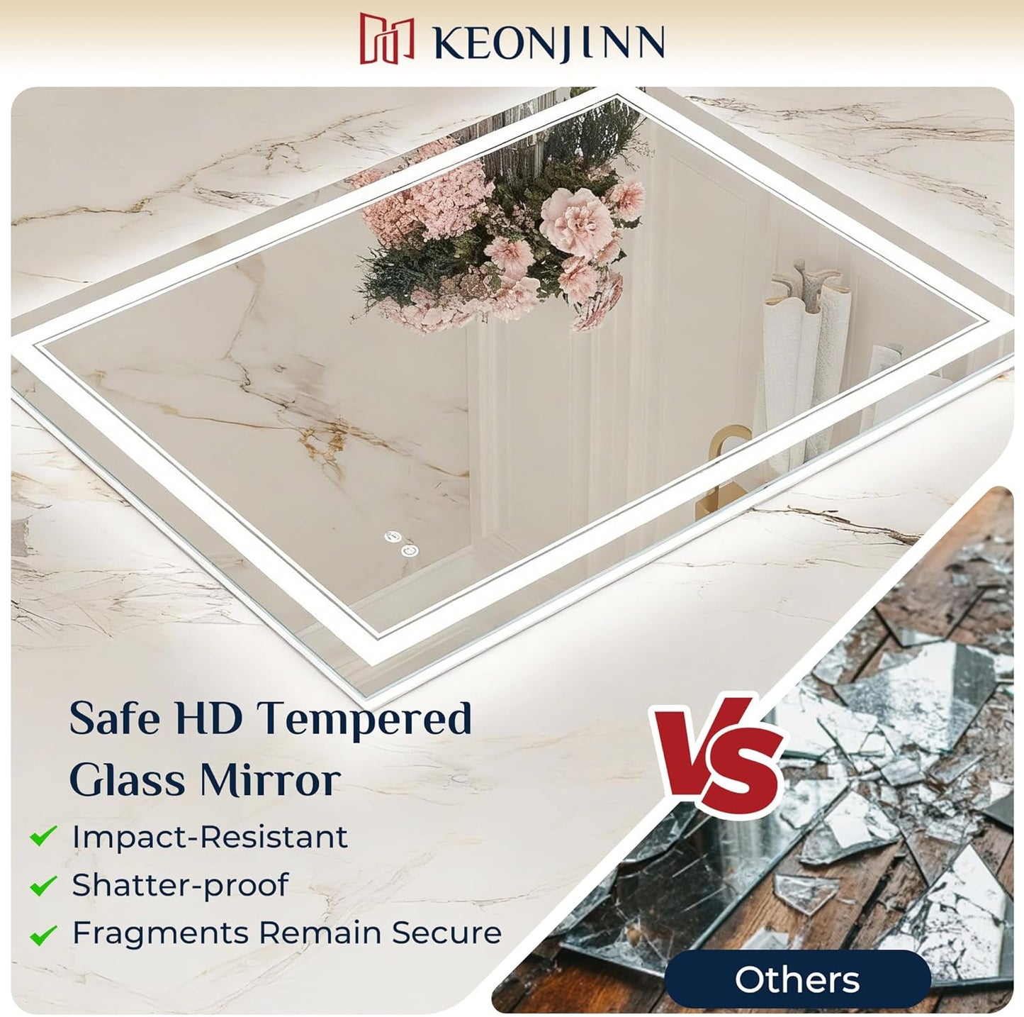 Keonjinn 55" x 36" LED Mirror, Frontlit & Backlit Bathroom Mirror, Oversized, Tempered Glass, Energy-Saving, Anti-Fog, Warm/Neutral/White Lights, Stepless Dimmable, UL-Listed LED Driver