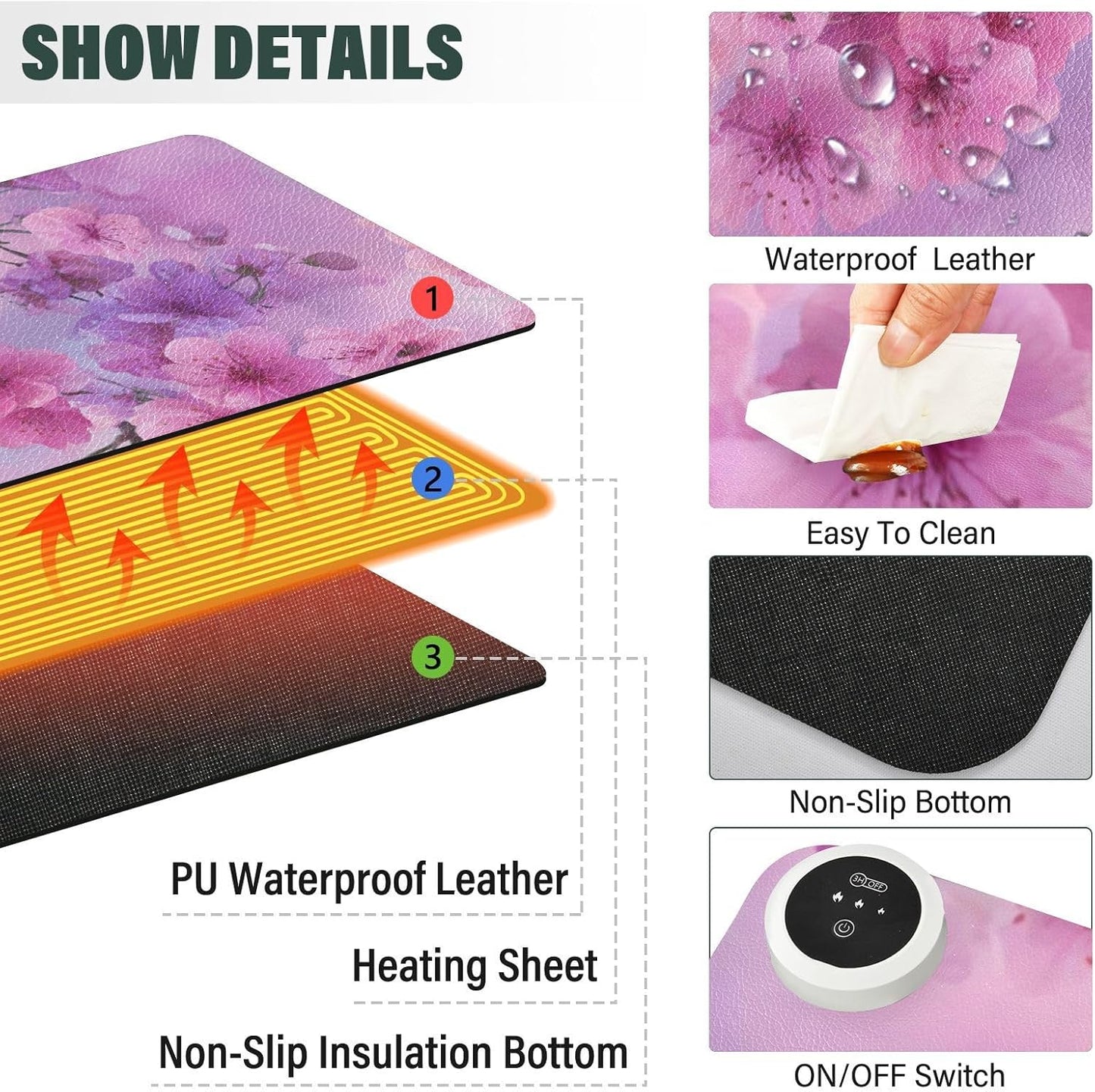 Heated Desk Pad Mouse Pad 31.5x13 Inch PU Leather Desk Mat with 3 Heat Levels Large Mouse Gaming Computer Laptop Mat Romantic Cherry Blossom