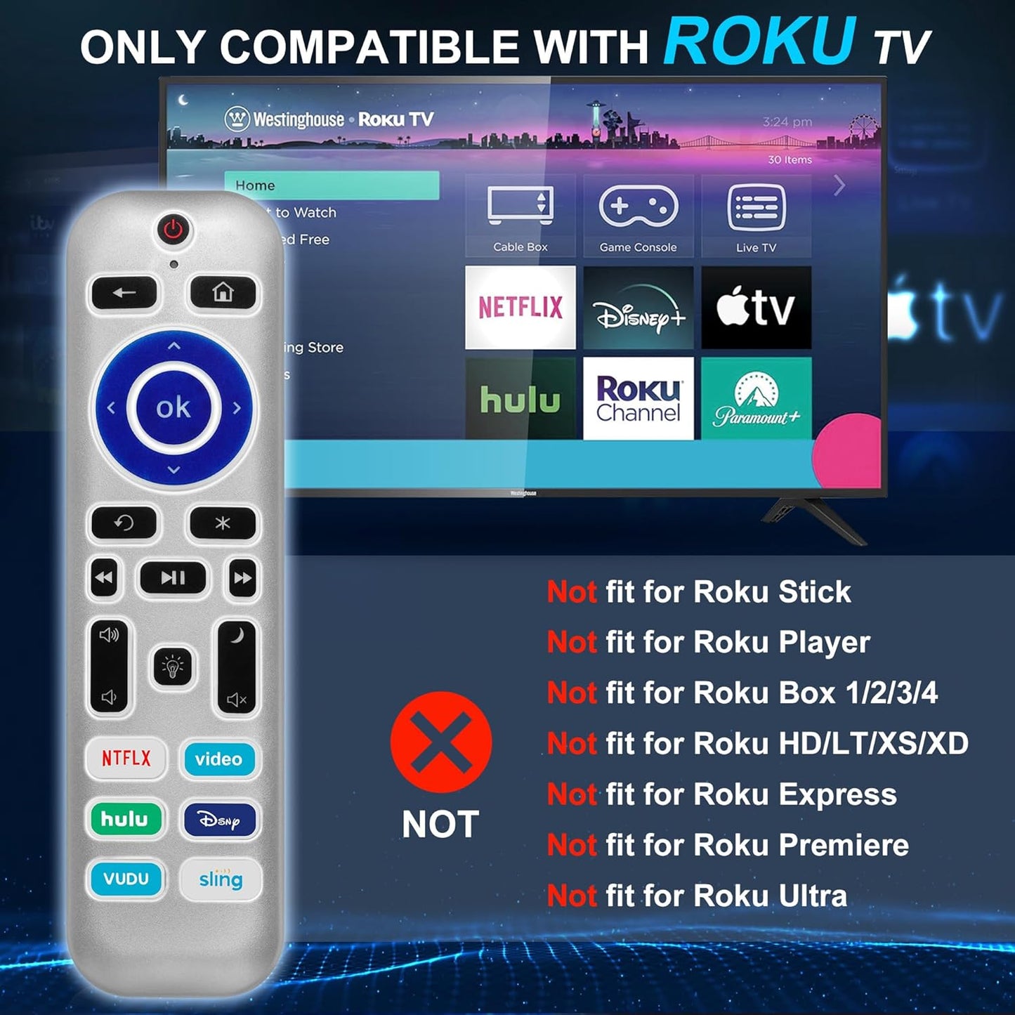 2 Pack Backlit Remote Control Only for Roku TV, Fit for TCL/Onn/Hisense/Element/Sharp/Philips/Westinghouse/Insignia/JVC/RCA/Hitachi/Sanyo Roku Series TVs (Not for Roku Stick and Box)-Silver