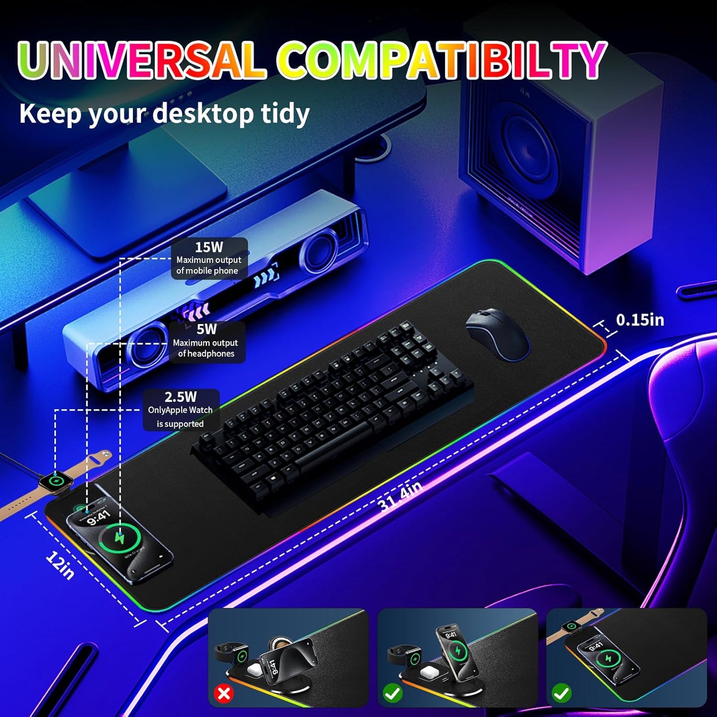 15W Fast Wireless Charging Mouse Pad, XXL RGB Gaming Desk Mat (31.5x15.7in) with Power Adapter & USB-C Cable，15 RGB Light Modes Desk Mat, Waterproof Keyboard Pad for PC/MacBook/Laptop (Black)