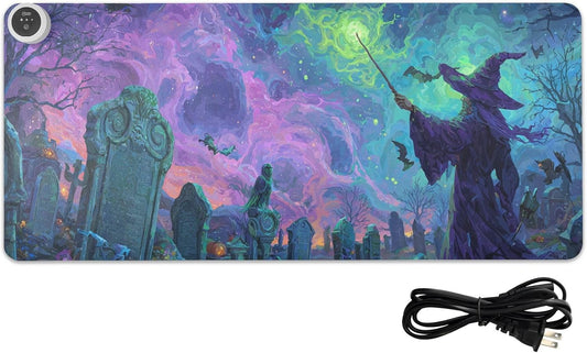 Heated Desk Pad Mouse Pad 31.5x13 Inch PU Leather Desk Mat with 3 Heat Levels Large Mouse Gaming Computer Laptop Mat Halloween Graveyard Purple