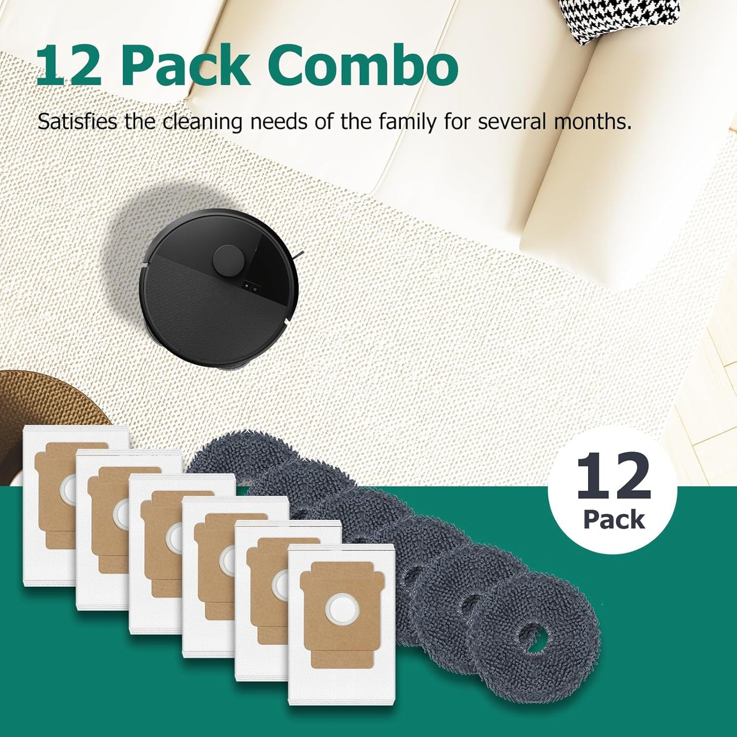 12 Pack Replacement Parts Dust Bags Mop Pads for iRobot Roomba Plus 405 Combo/ 505 Combo Robot Vacuum, 6 Dust Bags, 6 Mop Pads