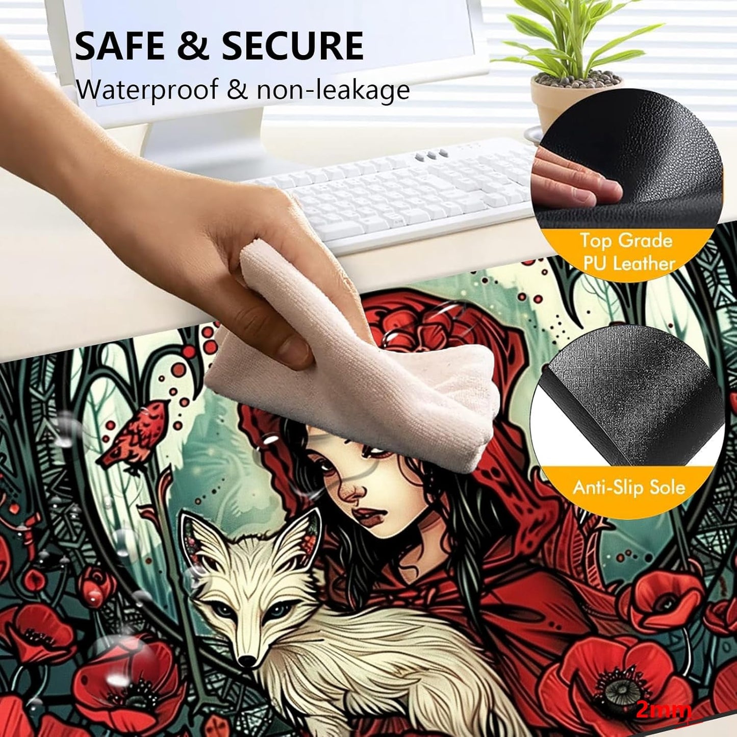 Heated Mouse Pad with 3 Levels Heated & 3 Hours Auto Shut-Off Mouse Pad for Warming Hands in Office Home, 23.6" x 14.2"Large Safe Desk Mat Hand Warmer，Girl White Fox