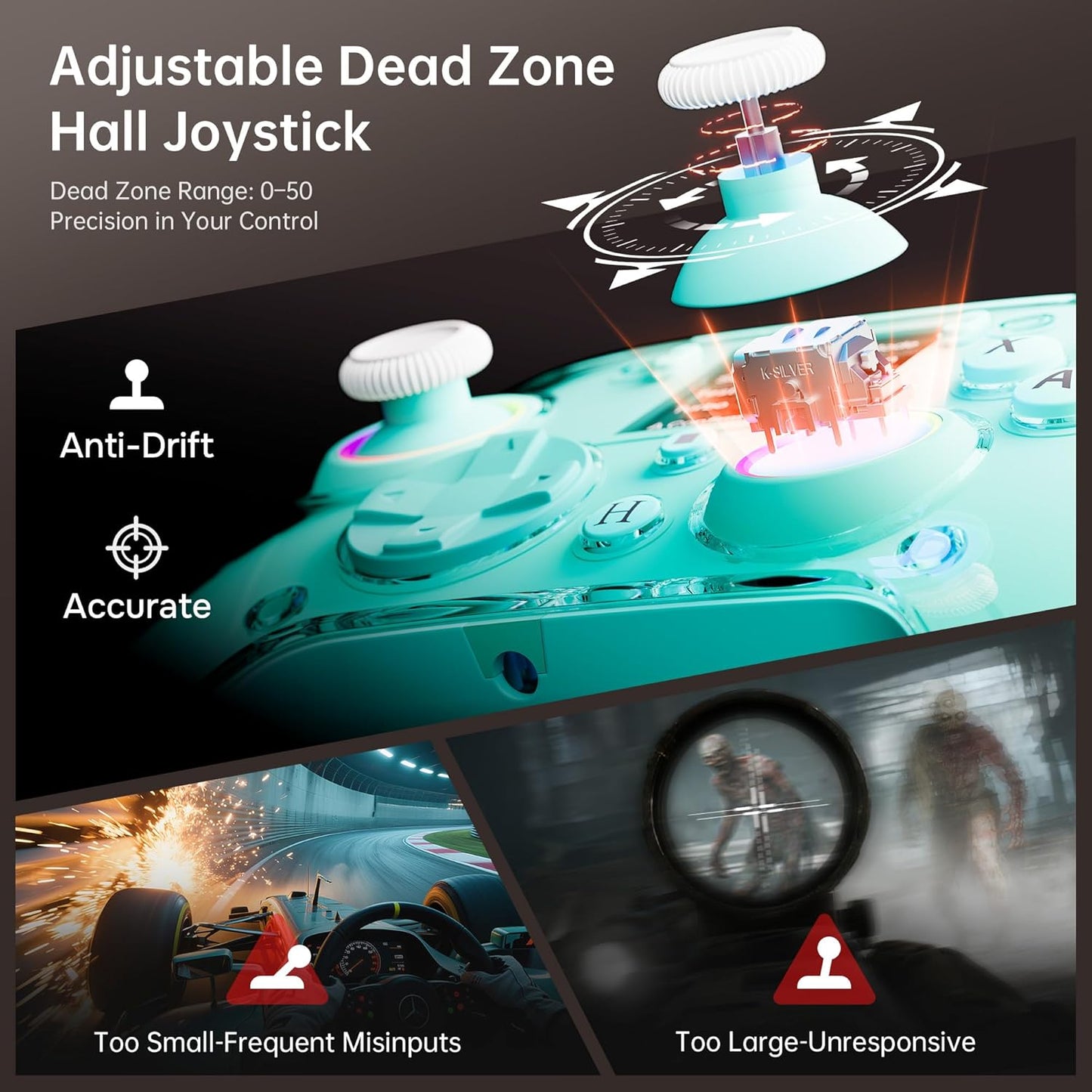 GUSGU G7 Wireless Gaming Controller with Interactive Screen, 1000Hz Polling Rate, Hall Joysticks & Triggers, 4 Programmable Buttons, Compatible with PC, Switch1, PS4, iOS, Android, Green