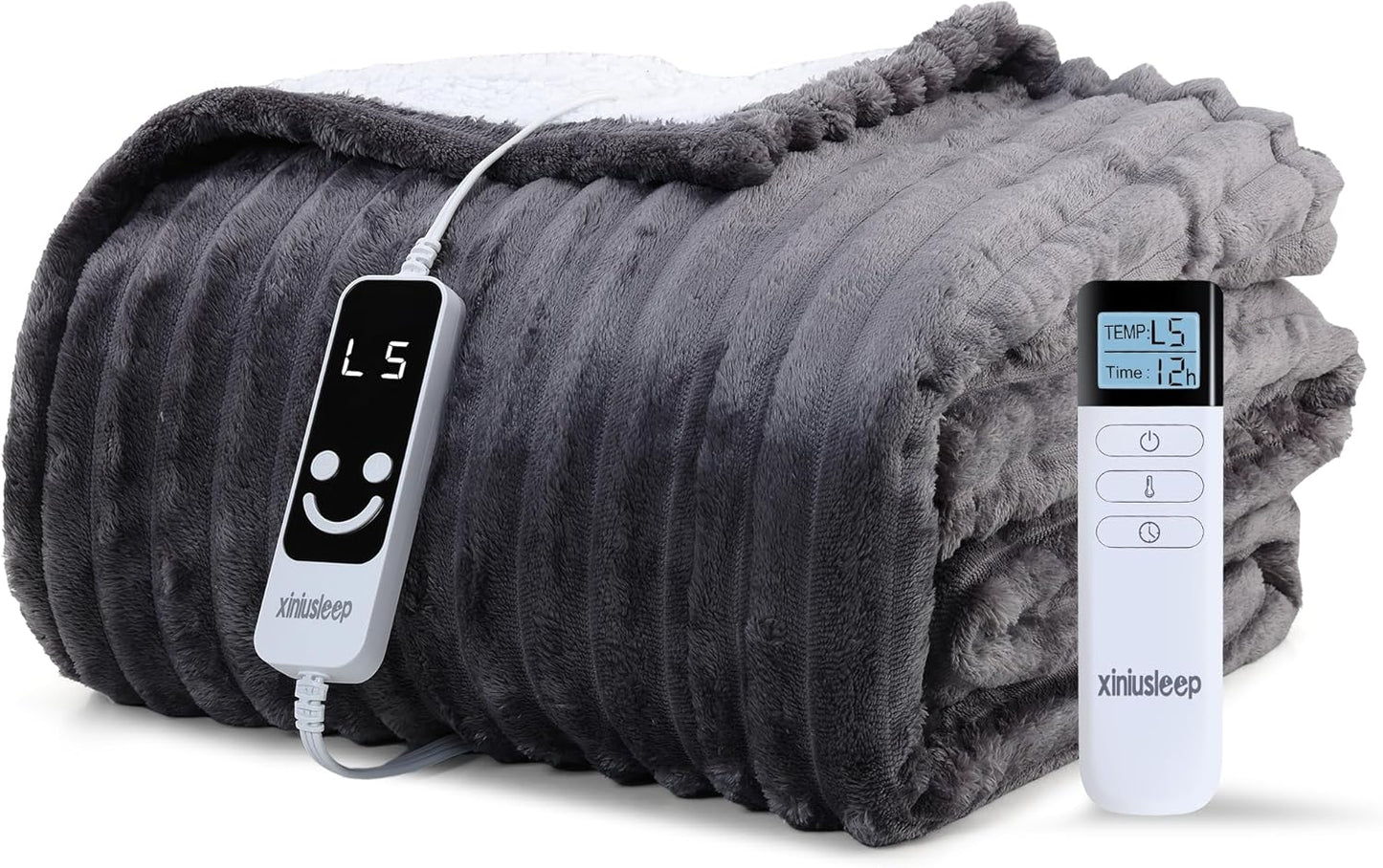 Heated Blanket Electric Blanket 62"x84", Soft Flannel Sherpa Electric Throw with 5 Heating Level & 12 Times Setting, Heated Throw with Overheating Protection, Machine Washable (Grey)