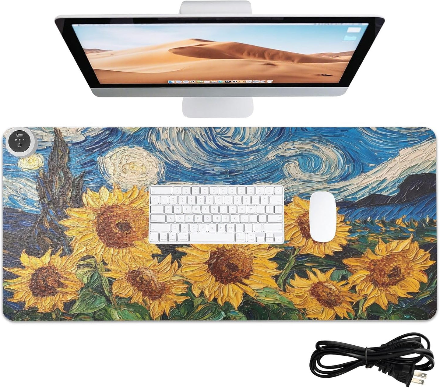 Heated Desk Pad Mouse Pad 31.5x13 Inch PU Leather Desk Mat with 3 Heat Levels Large Mouse Gaming Computer Laptop Mat Starry Night Blue Sunflowers