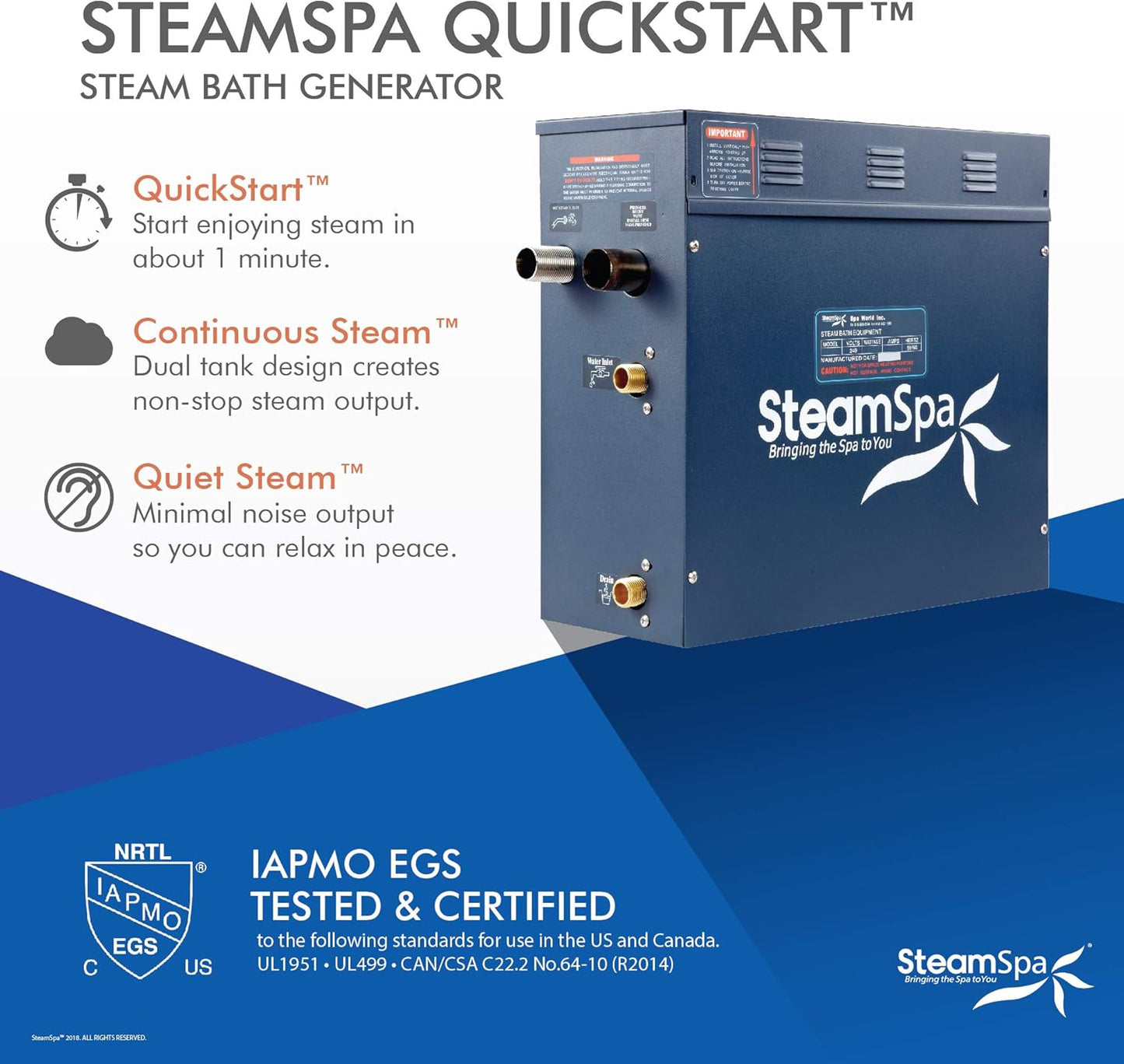 SteamSpa Executive 7.5 KW QuickStart ACU-Steam Bath Generator Package with Built-in Auto Drain in Brushed Nickel | Steam Generator Kit with Dual Control Panel Steamhead 240V | EXT750BN-A