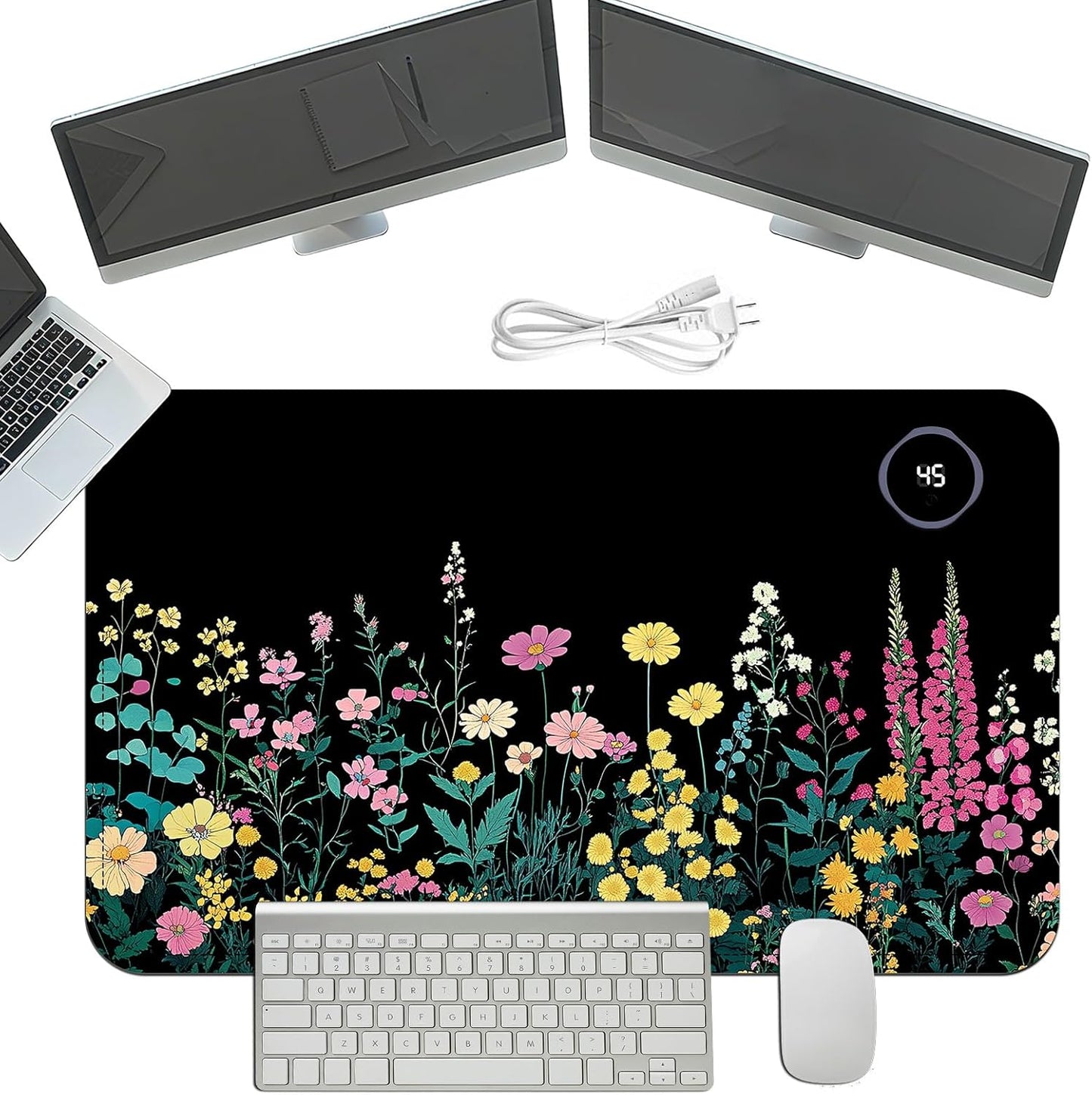 Heated Mouse Pad with 3 Temperature Settings(104°F–122°F),Large 24x14.2 Inch PU Leather Heated Desk Mat,Waterproof Warming Pad for Office,Gaming & Cold Hands Relief,Garden Flowers