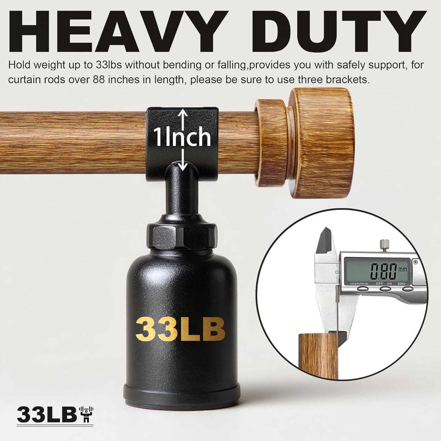 2 Pack Wood Curtain Rods for Windows 28 to 48 Inches 1" Diameter Boho Decorative Heavy Duty Window Curtain Rod Set Adjustable with Solid Imitation Wood Grain Finials for Living Room Bedroom Kitchen