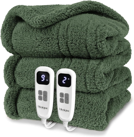 Heated Blanket Electric Blanket Queen - Fast Heating Blanket Throw Dual Control Double Sided Sherpa with 10 Heating Levels & 2-10 Hours Auto Off, Mashine Washable, 84 x 90 Inches, Green