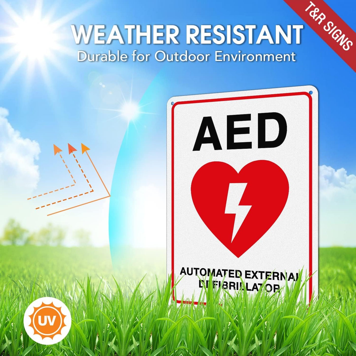 T&R AED Sign - 2 Pack - 10 x 7 Inches Rust Free .040 Aluminum -Reflective, UV Protected, Waterproof, Weatherproof and Fade Resistant - 4 Pre-drilled Holes