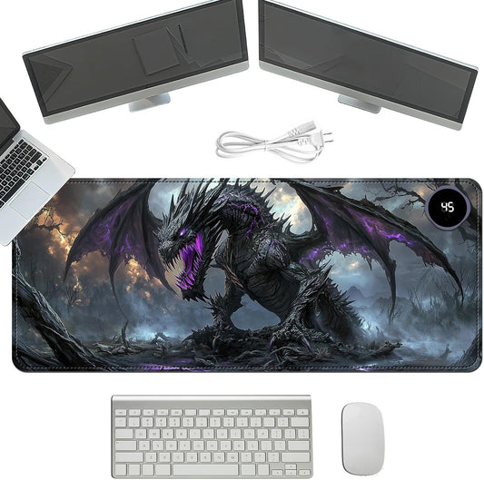 Heated Mouse Pad with 3 Temperature Settings(104°F–122°F),Large 31.5x13 Inch PU Leather Heated Desk Mat,Waterproof Warming Pad for Office,Gaming & Cold Hands Relief,Dark Dragon Fantasy