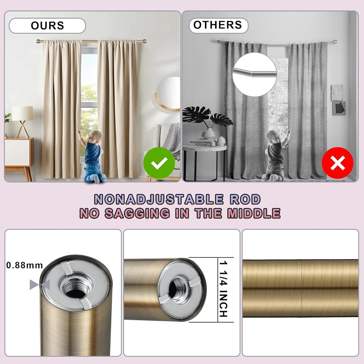 Heavy Duty Curtain Rods,1 1/4" Large Diameter Premium Nonadjustable Curtain Rod,54in/4.5ft Custom Window Treatment Rods with Durable Aluminum Brackets and End Caps,Antique Bronze Finish