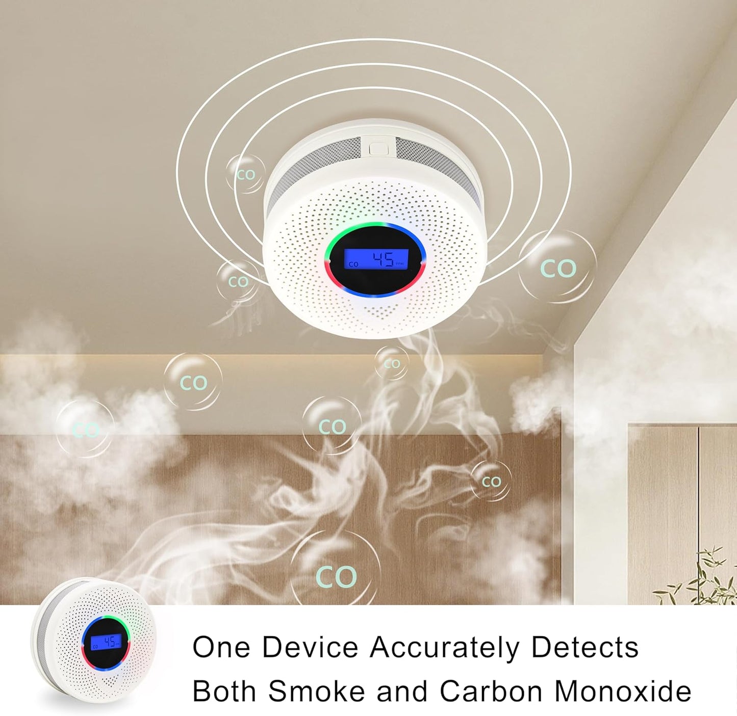 10-Year Battery Smoke and Carbon Monoxide Detector, 2-in-1 Smoke CO Alarm with Digital Display, Reliable Fire and CO Alarm for Home, Bedroom, Kitchen (2 Pack)