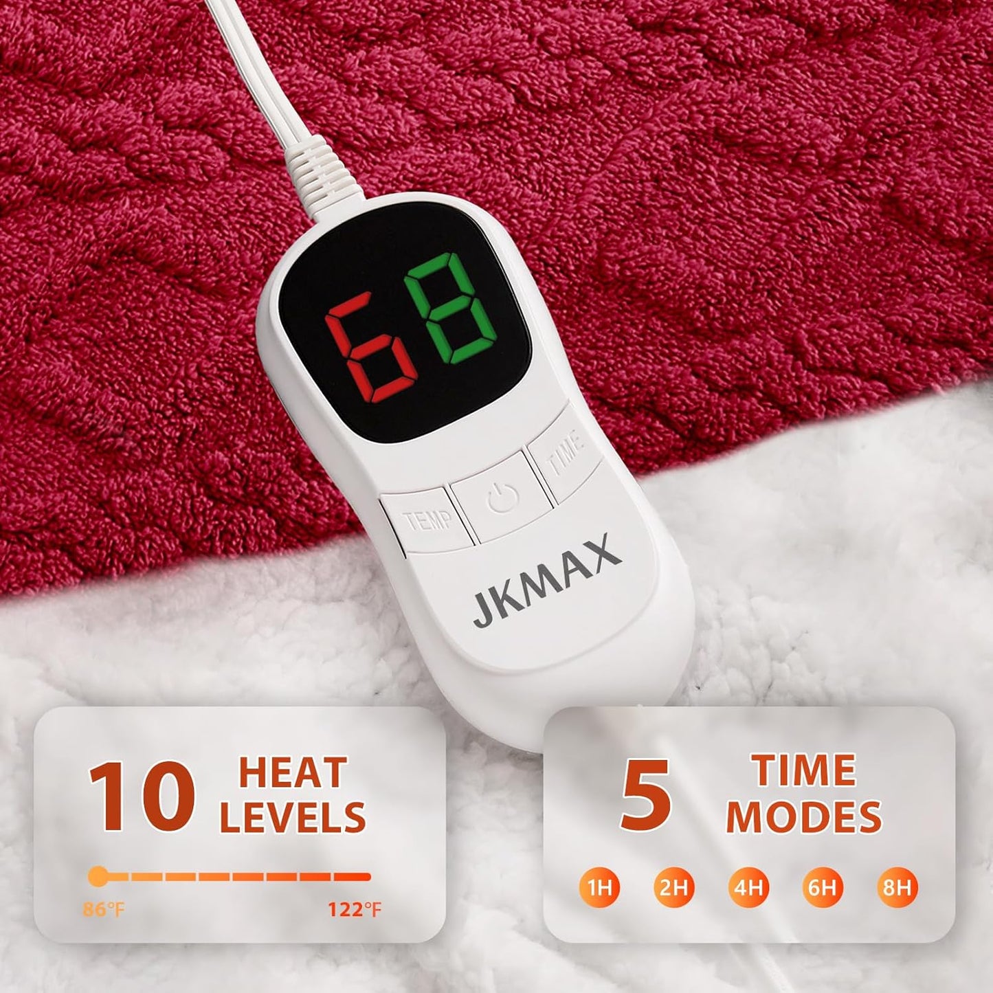 Heated Electric Blanket Twin Size-62"x84" Heating Blanket with 10 Heating Levels & 5 Time Settings Over-Heat Protection，Winter Warmer for Adults with ETL Certification（Red）
