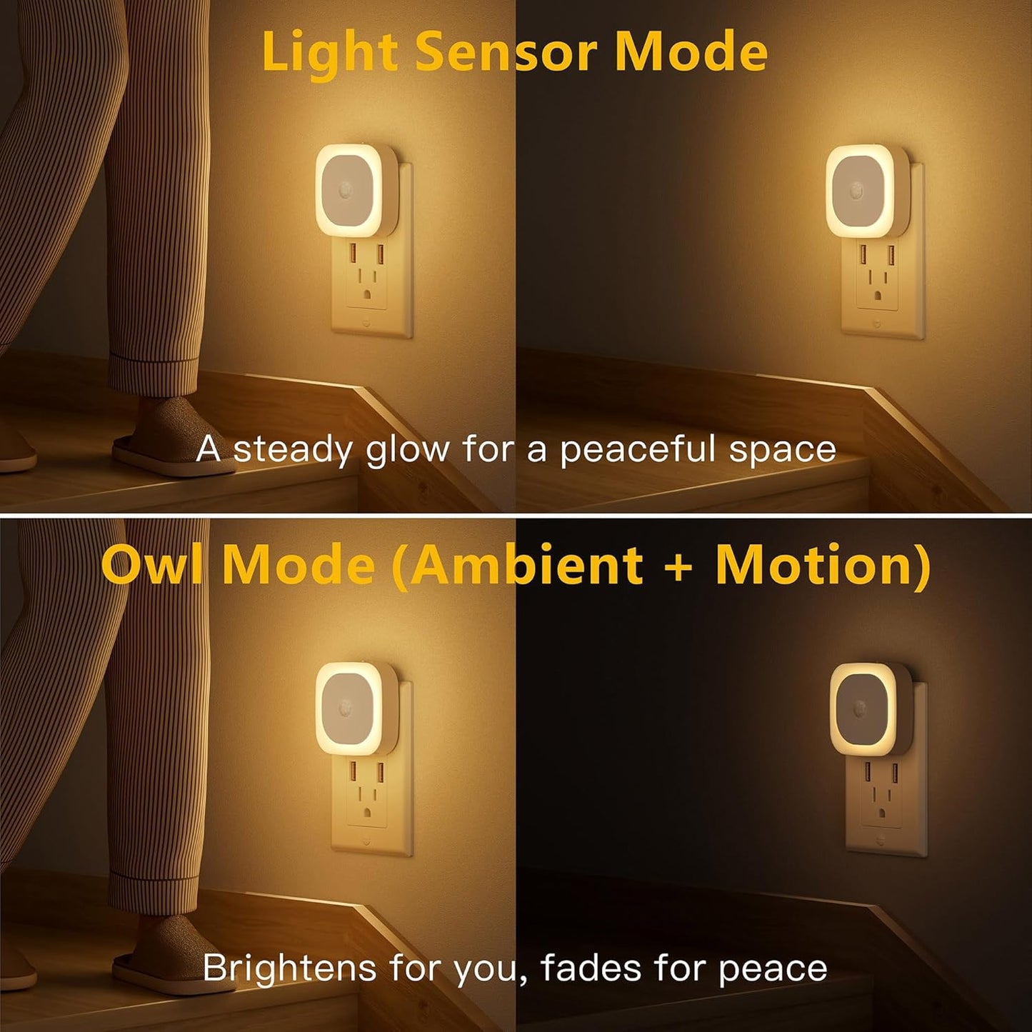 2 Pack Plug in Night Light with Motion Sensor & Dusk to Dawn Sensor, 3 Sensor Modes, Dimmable Night Lights Plug into Wall, Warm White Nightlight for Kids, Bathroom, Bedroom, Kitchen, Indoor