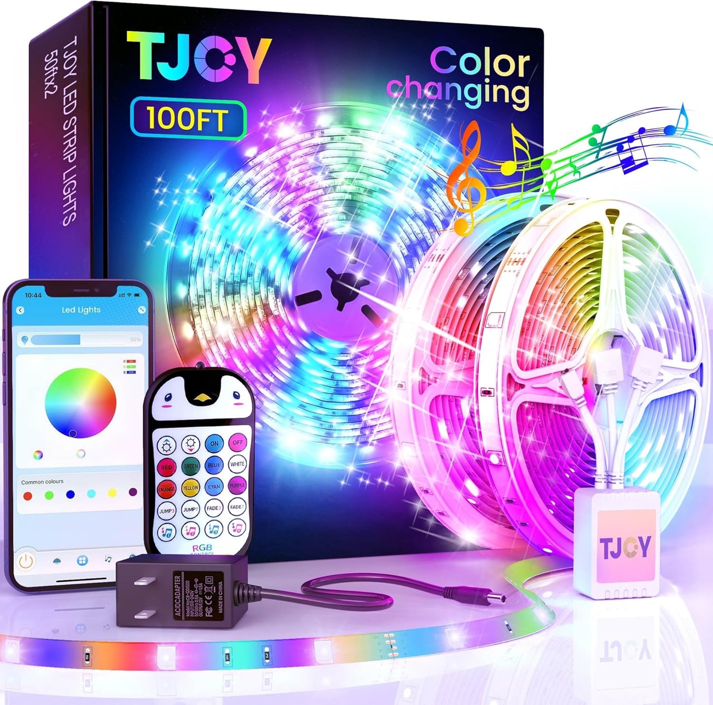 100ft Kids Bluetooth LED Strip Lights, Music Sync LED Light Strip RGB Color Changing Lighting with Penguin Style Remote, APP Control, Smart Lighting for Bedroom, TV, Room DIY (APP+Remote +Mic/50ftx2)