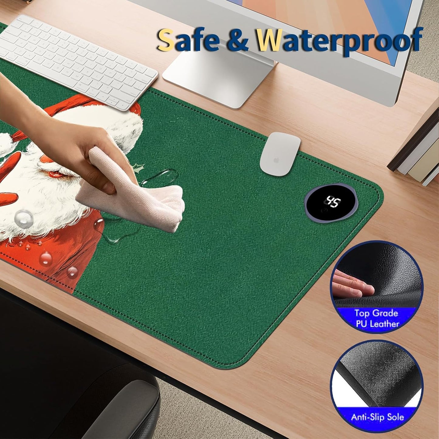 Heated Mouse Pad with 3 Temperature Settings(104°F–122°F),Large 31.5x13 Inch PU Leather Heated Desk Mat,Waterproof Warming Pad for Office,Gaming & Cold Hands Relief,Santa Christmas