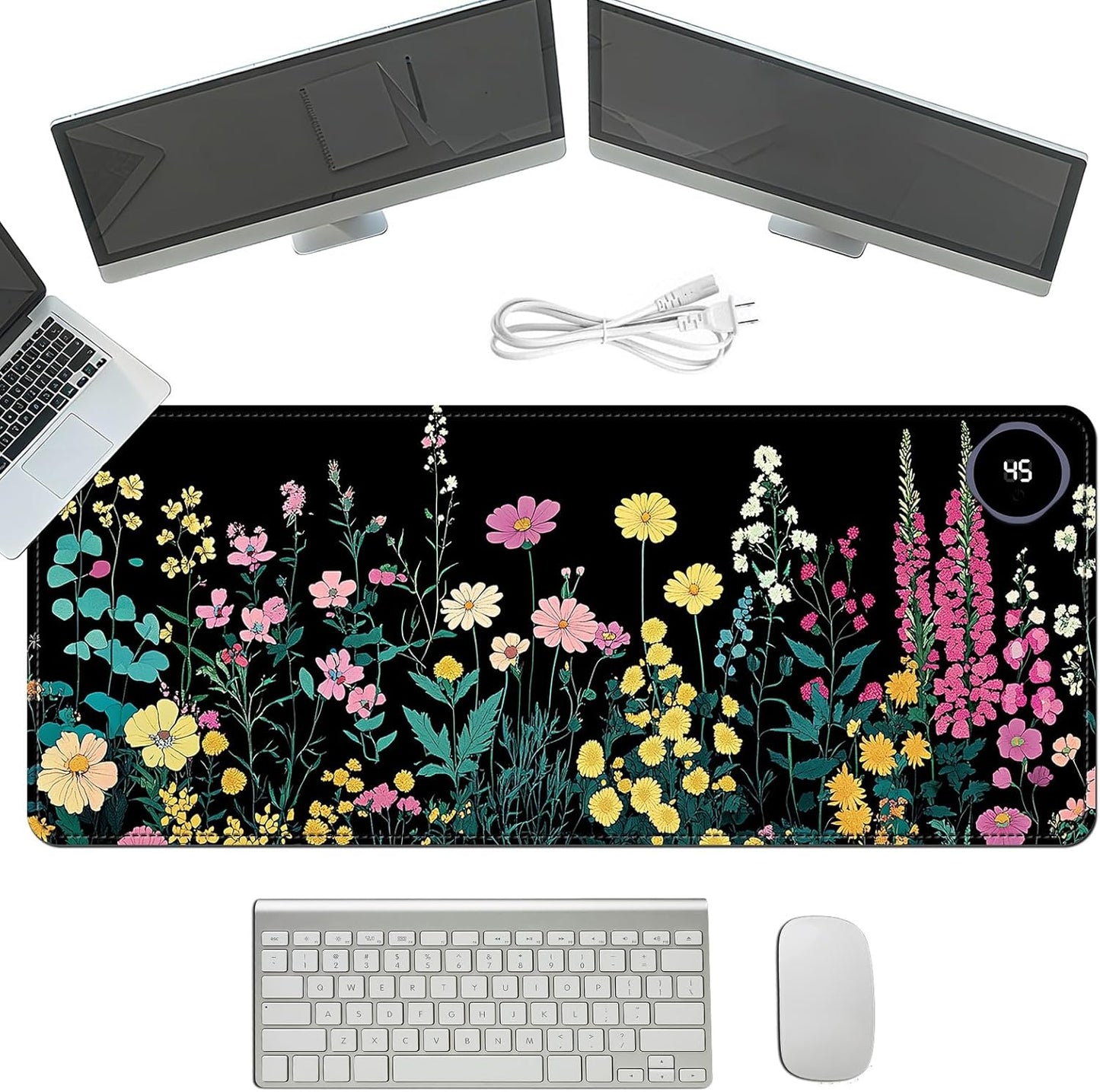 Heated Mouse Pad with 3 Temperature Settings(104°F–122°F),Large 31.5x13 Inch PU Leather Heated Desk Mat,Waterproof Warming Pad for Office,Gaming & Cold Hands Relief,Garden Flowers