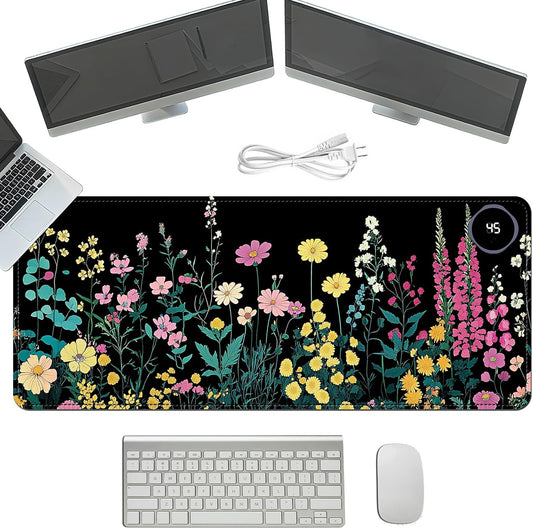 Heated Mouse Pad with 3 Temperature Settings(104°F–122°F),Large 31.5x13 Inch PU Leather Heated Desk Mat,Waterproof Warming Pad for Office,Gaming & Cold Hands Relief,Garden Flowers