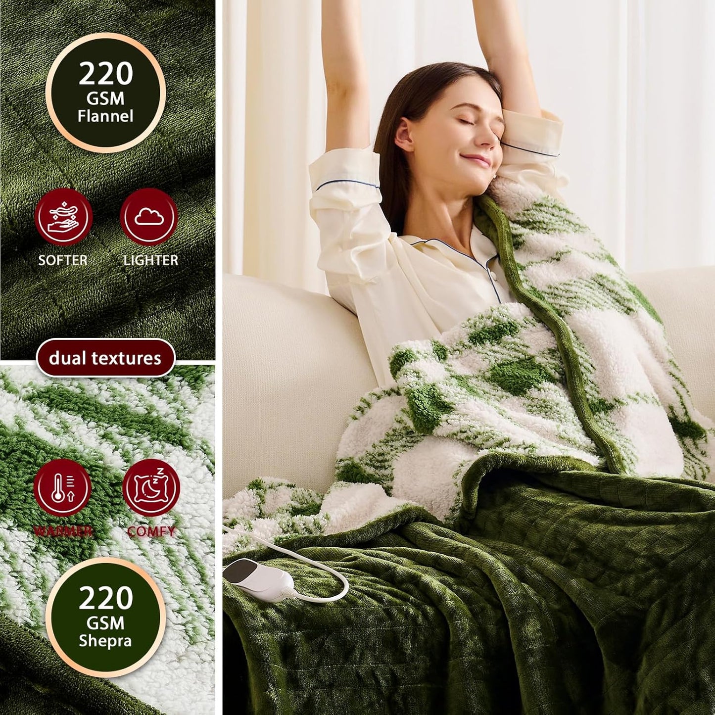 Heated Electric Blanket Throw Size - 50"x60" Flannel Heating Blanket with 10 Heating Levels & 5 Time Settings Over-Heat Protection, Winter Warmer for Adults with ETL Certification（Green）