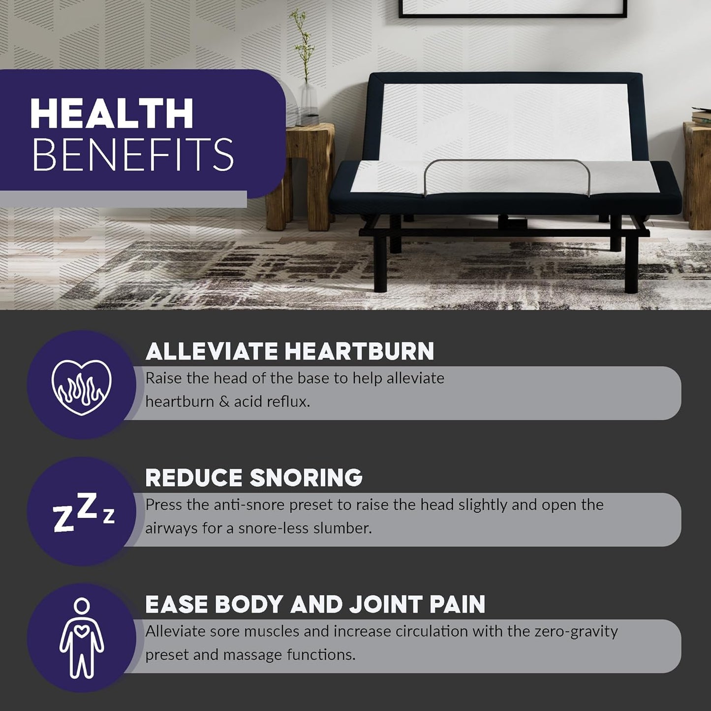 Blissful Nights e4 Split Top Flex Top King Adjustable Bed Base Frame, Massage, Anti-Snore, USB, Nightlight, Wireless Remote Head & Foot Incline, and 10-Year Warranty