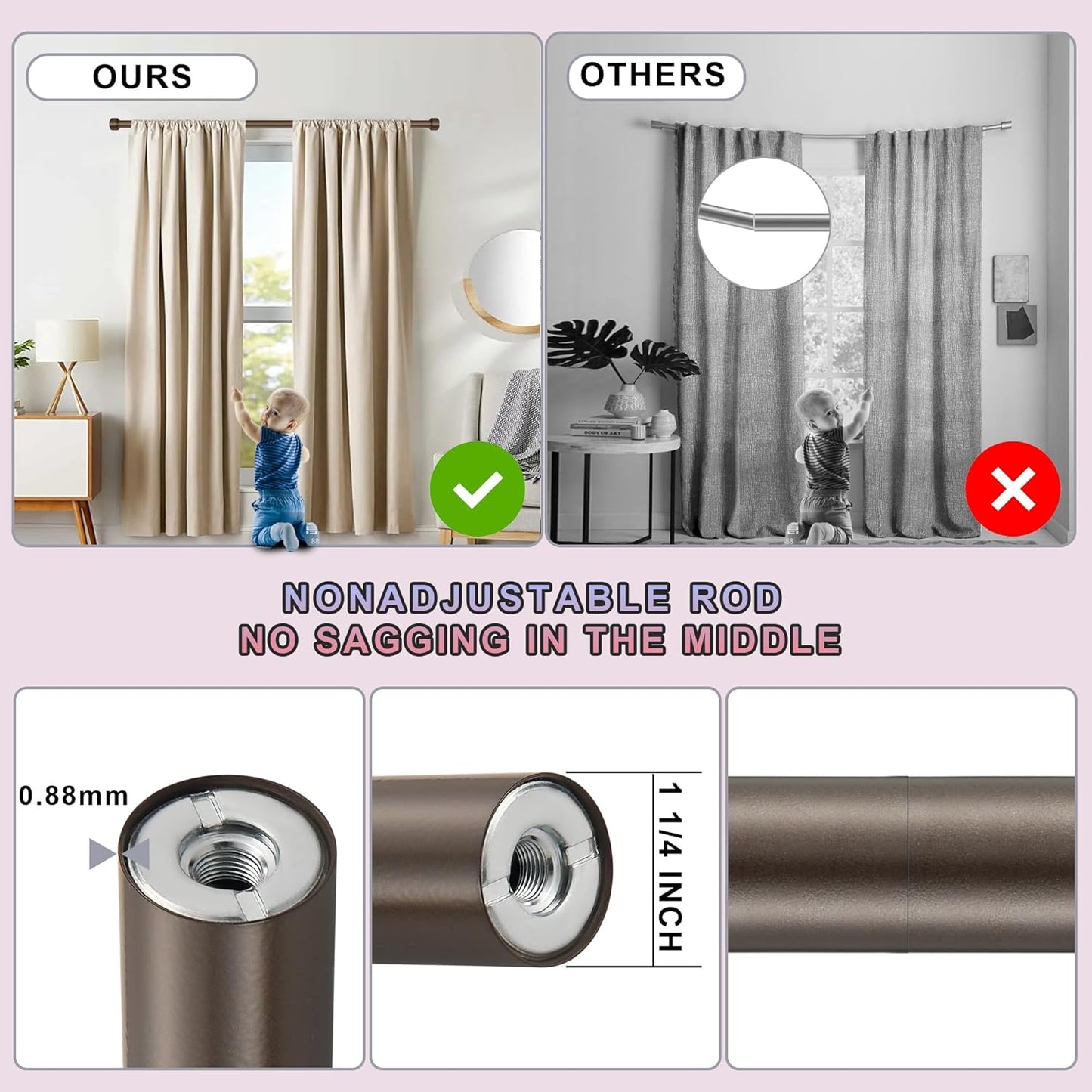 Heavy Duty Curtain Rods,1 1/4" Large Diameter Premium Nonadjustable Curtain Rod,60in/5ft Custom Window Treatment Rods with Durable Aluminum Brackets and End Caps,Dark Bronze Finish