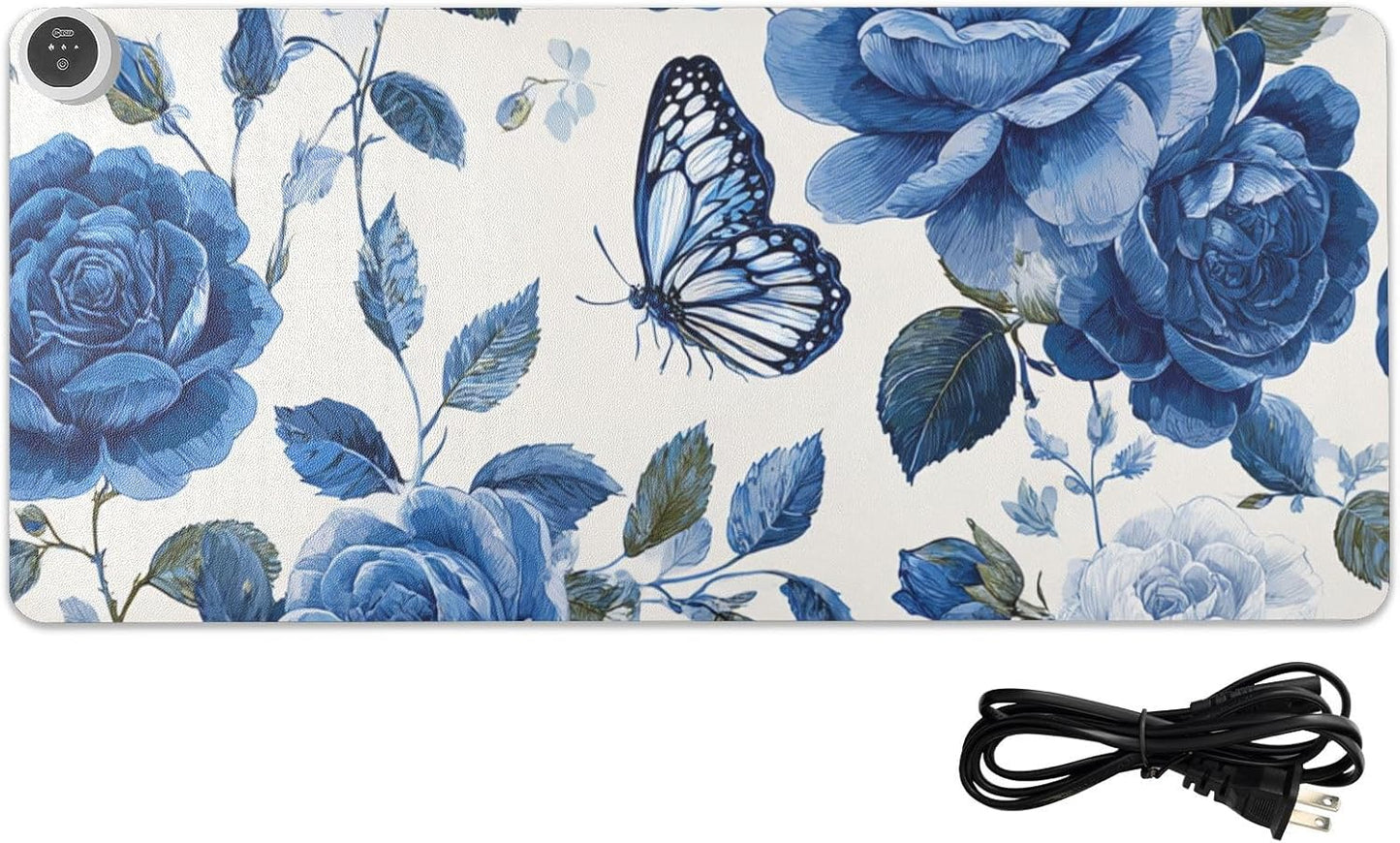 Heated Desk Pad Mouse Pad 31.5x13 Inch PU Leather Desk Mat with 3 Heat Levels Large Mouse Gaming Computer Laptop Mat Blue White Rose Flowers Butterfly