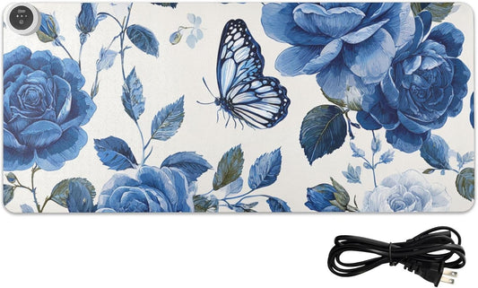 Heated Desk Pad Mouse Pad 31.5x13 Inch PU Leather Desk Mat with 3 Heat Levels Large Mouse Gaming Computer Laptop Mat Blue White Rose Flowers Butterfly