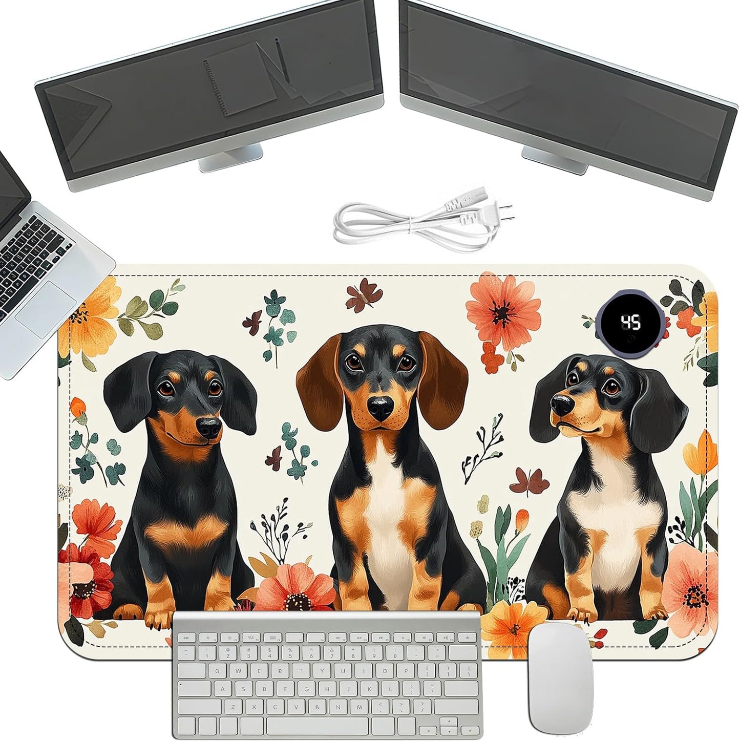 Heated Mouse Pad with 3 Temperature Settings(104°F–122°F),Large 24x14.2 Inch PU Leather Heated Desk Mat,Waterproof Warming Pad for Office,Gaming & Cold Hands Relief,Dogs and Flowers