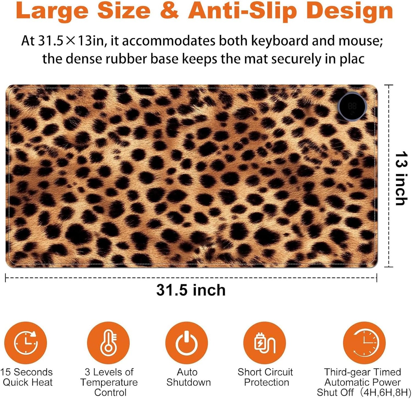 Heated Mouse Pad for Desk 31.5" x 13" – PU Leather Warm Desk Pad with 3 Heat Levels (104°F/113°F/122°F), Plug-in Electric Heating Mat with Auto Shut-Off, Waterproof & Rollable, Leopard Print