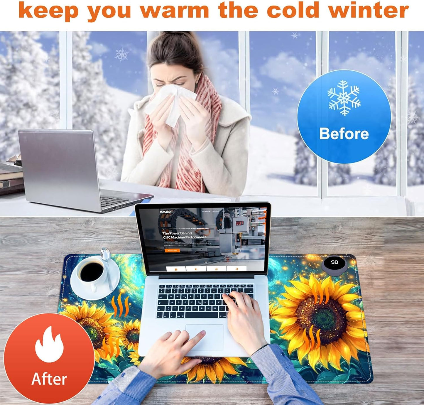 Heated Mouse Pad for Desk 31.5" x 13" – PU Leather Warm Desk Pad with 3 Heat Levels (104°F/113°F/122°F), Plug-in Electric Heating Mat with Auto Shut-Off, Waterproof & Rollable, Starry Sunflowers