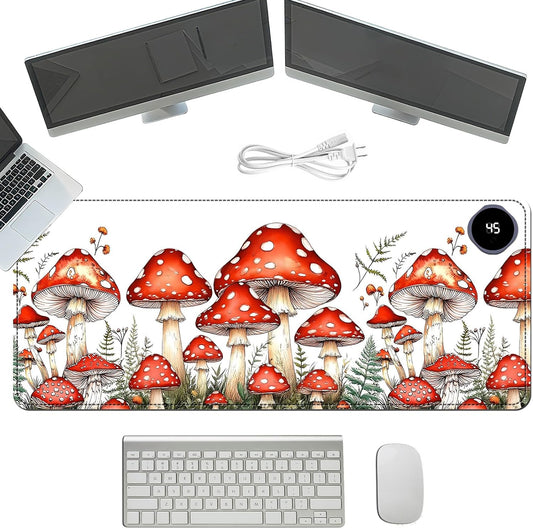 Heated Mouse Pad with 3 Temperature Settings(104°F–122°F),Large 31.5x13 Inch PU Leather Heated Desk Mat,Waterproof Warming Pad for Office,Gaming & Cold Hands Relief,Red Mushroom