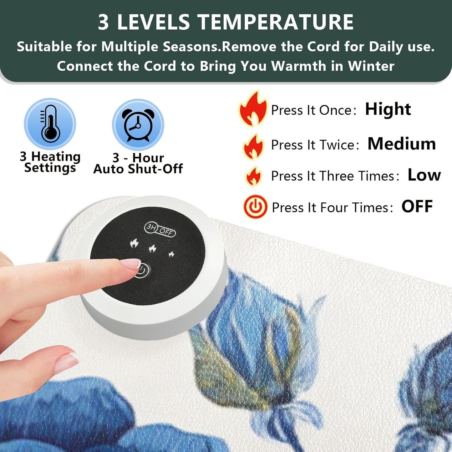 Heated Desk Pad Mouse Pad 31.5x13 Inch PU Leather Desk Mat with 3 Heat Levels Large Mouse Gaming Computer Laptop Mat Blue White Rose Flowers Butterfly