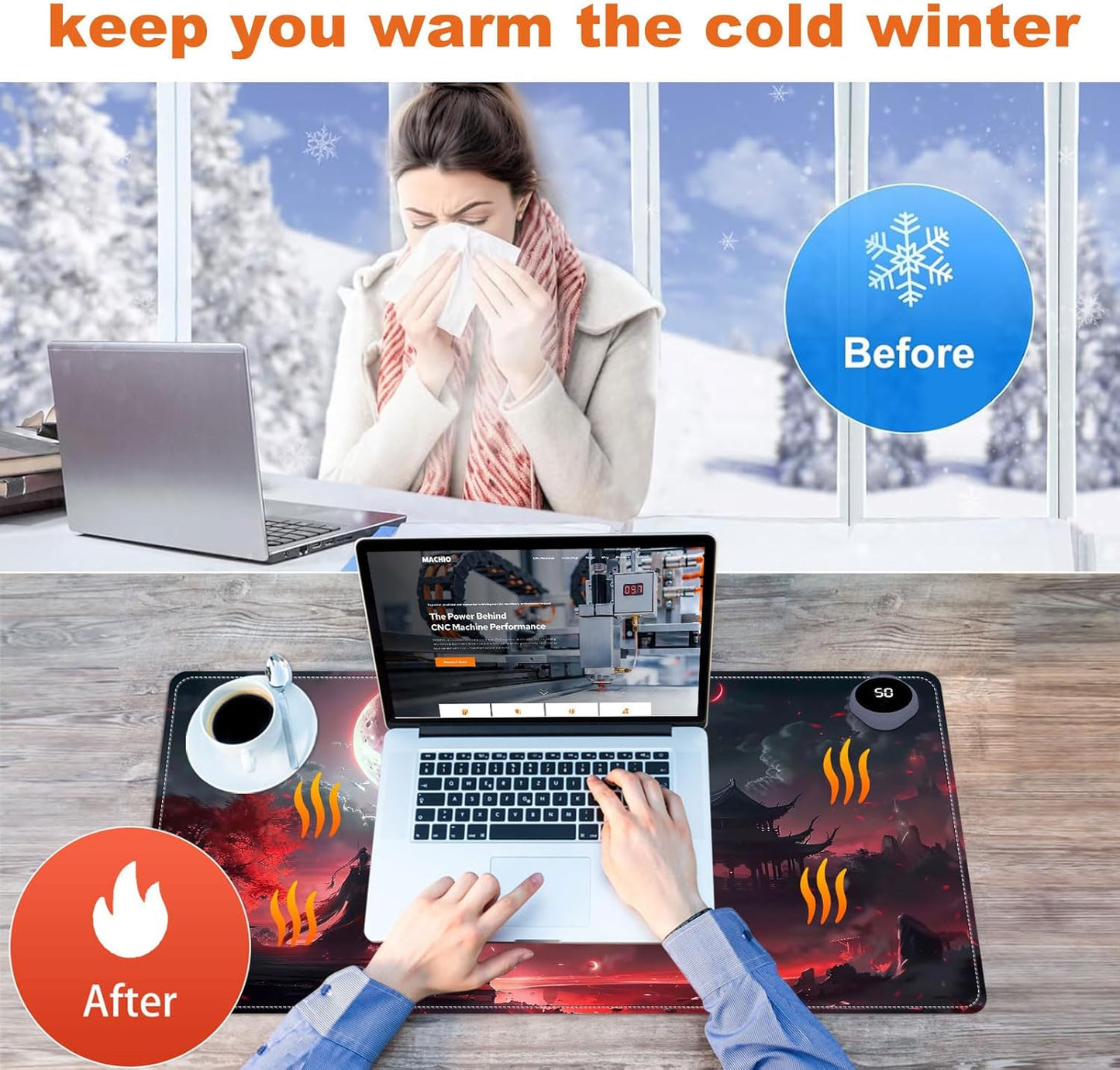 Heated Mouse Pad for Desk 31.5" x 13" – PU Leather Warm Desk Pad with 3 Heat Levels (104°F/113°F/122°F), Plug-in Electric Heating Mat with Auto Shut-Off, Waterproof & Rollable, Bloody Moonlight
