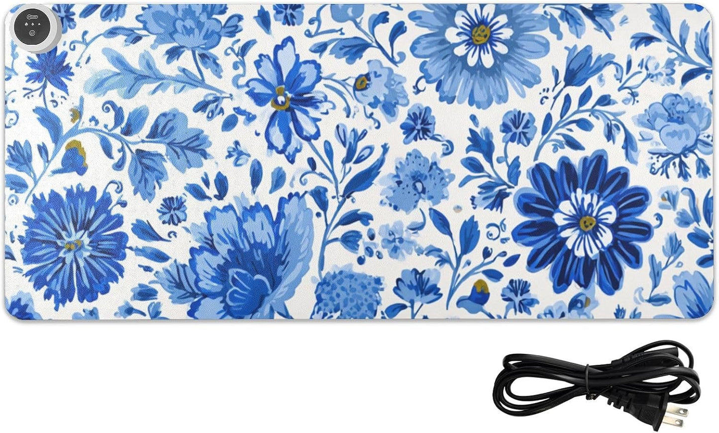 Heated Desk Pad Mouse Pad 31.5x13 Inch PU Leather Desk Mat with 3 Heat Levels Large Mouse Gaming Computer Laptop Mat Flower Blue and White Daisy Leaf