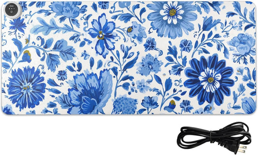 Heated Desk Pad Mouse Pad 31.5x13 Inch PU Leather Desk Mat with 3 Heat Levels Large Mouse Gaming Computer Laptop Mat Flower Blue and White Daisy Leaf