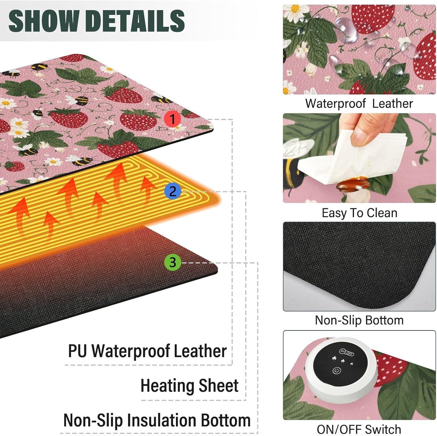 Heated Desk Pad Mouse Pad 31.5x13 Inch PU Leather Desk Mat with 3 Heat Levels Large Mouse Gaming Computer Laptop Mat Pink Bees Flowers Strawberry