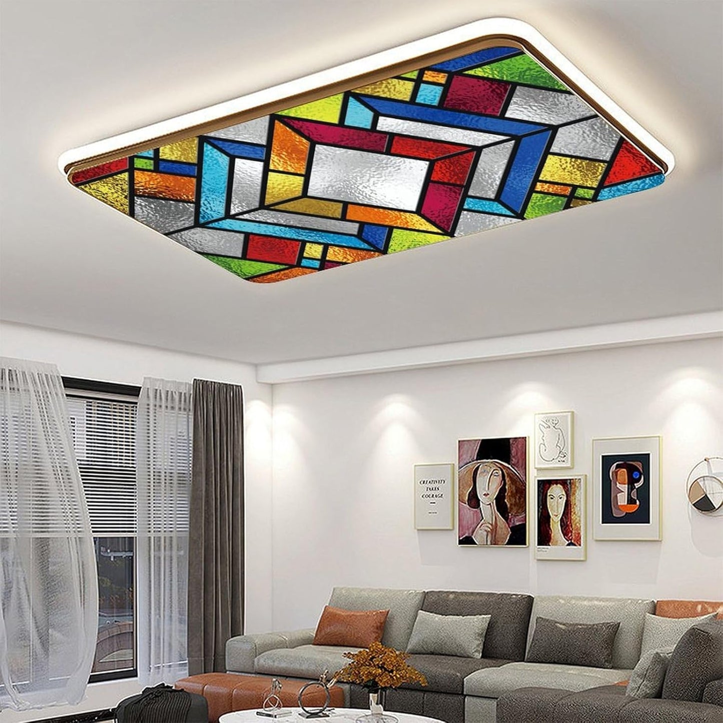 2PCS Fluorescent Light Cover for Ceiling Light Classroom-Stained Glass Patten Magnetic Light Cover Shade Panel,Decorative Film Filter for Reducing Harsh Glare Flicker Home School Office Decorations