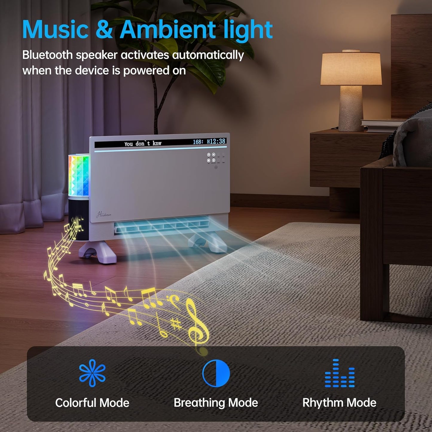 1800W Smart Panel Space Heater with Bluetooth Speaker,Play Music & Lyric Display & RGB Lights, 6-in-1 Heater Fan, App/Voice/Remote/Touch Control, Wall-Mount or Freestanding, Works with Alexa
