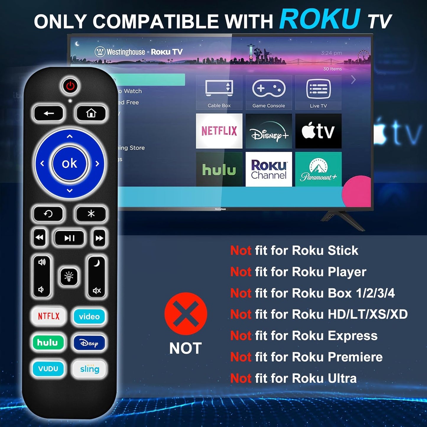 2 Pack Backlit Remote Control Only for Roku TV, Fit for TCL/Onn/Hisense/Element/Sharp/Philips/Westinghouse/Insignia/JVC/RCA/Hitachi/Sanyo Roku Series TVs (Not for Roku Stick and Box)-Black